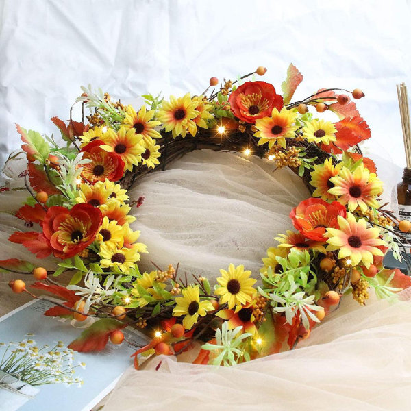 Primrue Spring Wreath With Timer, Lighted Wreath With PreStrung 20 LED